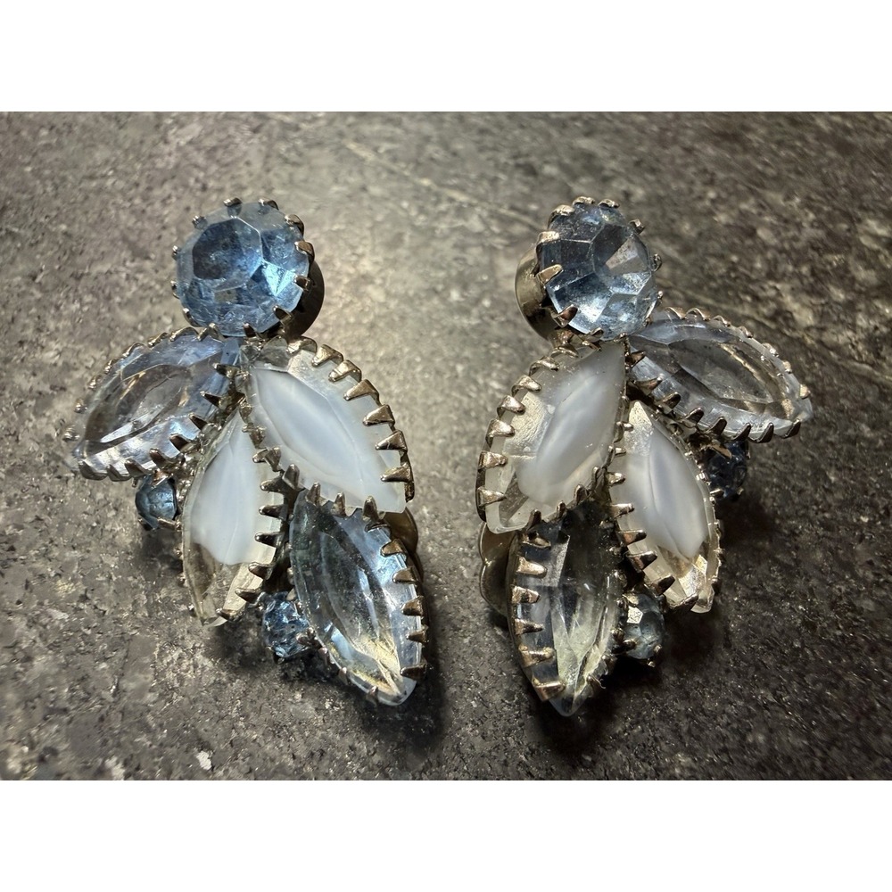 Vintage Blue Rhinestone Glass Cabochon Cluster Clip On Earrings 1.25"
